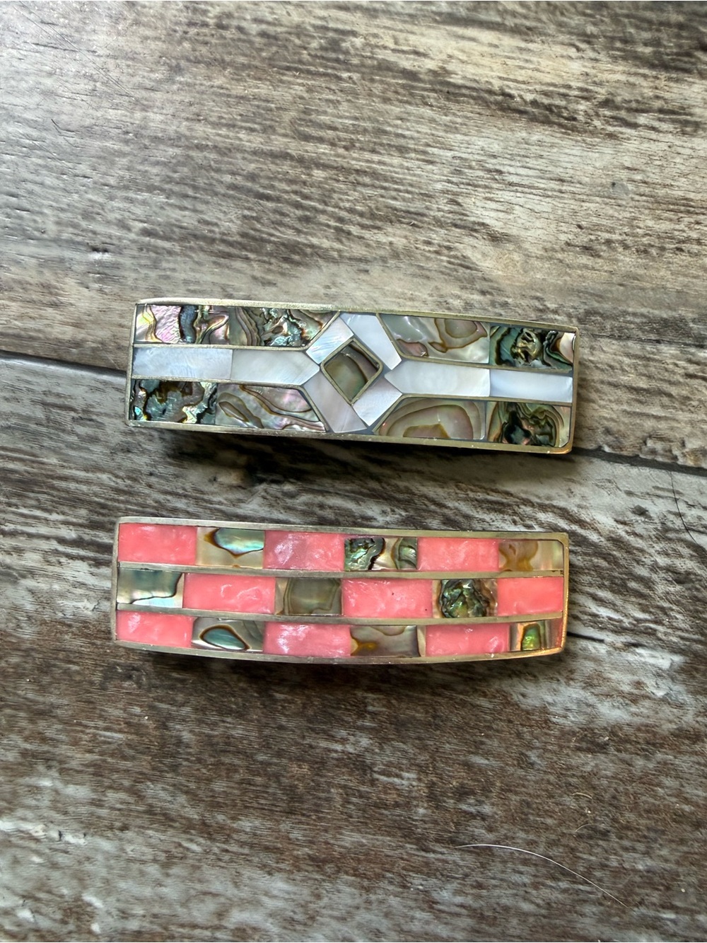 2 vintage alpaca silver mother of pearl / shell mosaic barrette’s